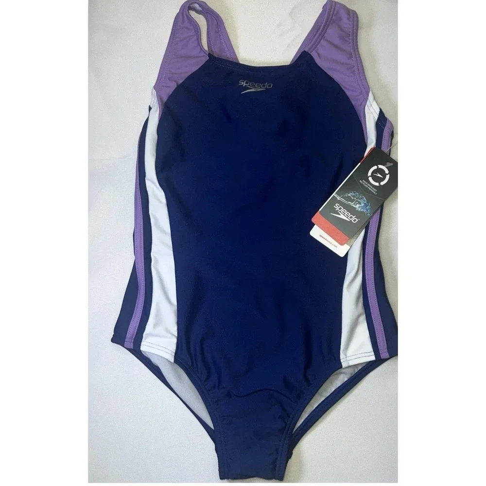 NWT Speedo Girl's Swimsuit One Piece Infinity Splice Thick Strap Sweet Taro Sz 8